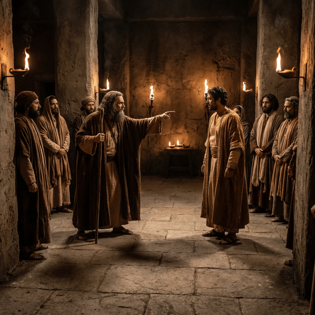 An older man points accusingly at a younger man in an ancient torchlit room.