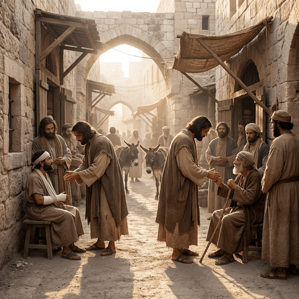 Figures in ancient robes providing comfort and healing to others in a stone-paved street.