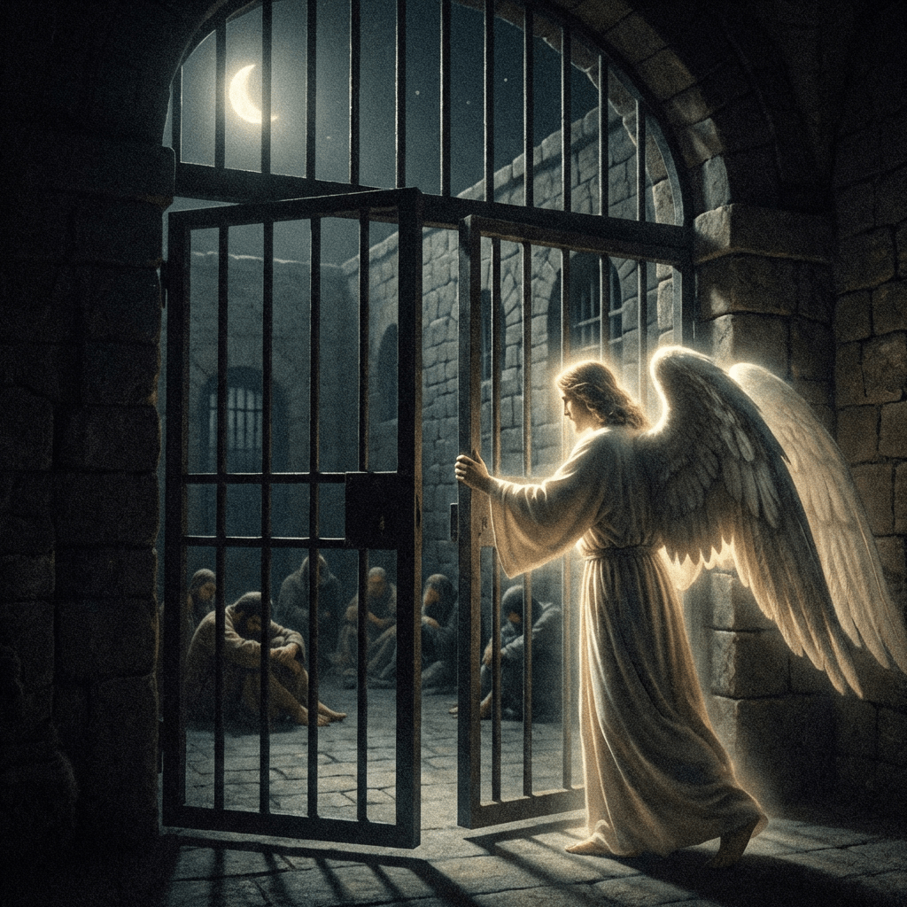 An angel opening an iron gate to a dark prison cell filled with prisoners.