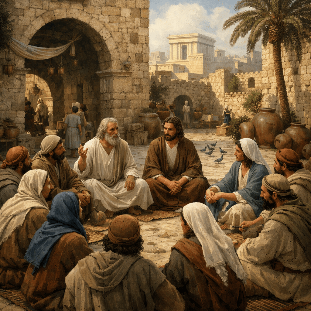 Men gathered in an ancient stone courtyard listening to a bearded man teaching