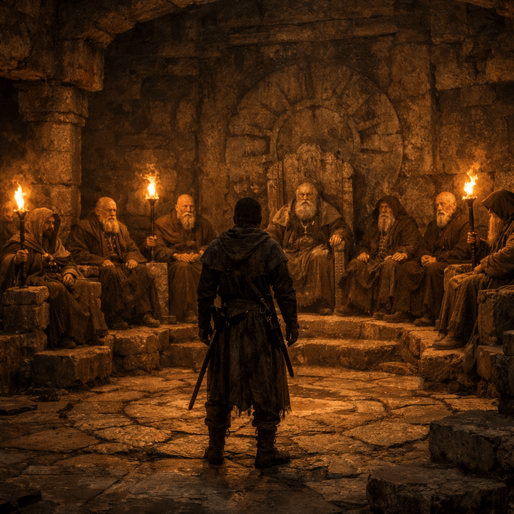 A warrior facing a council of eight elderly men holding torches in a stone chamber