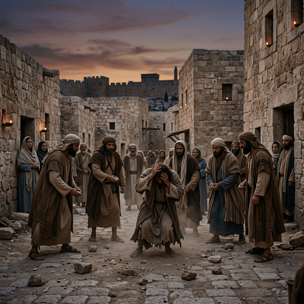 Man crouching while being stoned by a group of people in ancient stone street