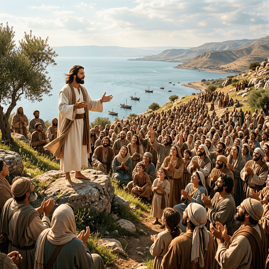 A preacher standing on a rock addressing a large crowd of listeners near the sea with boats in the background