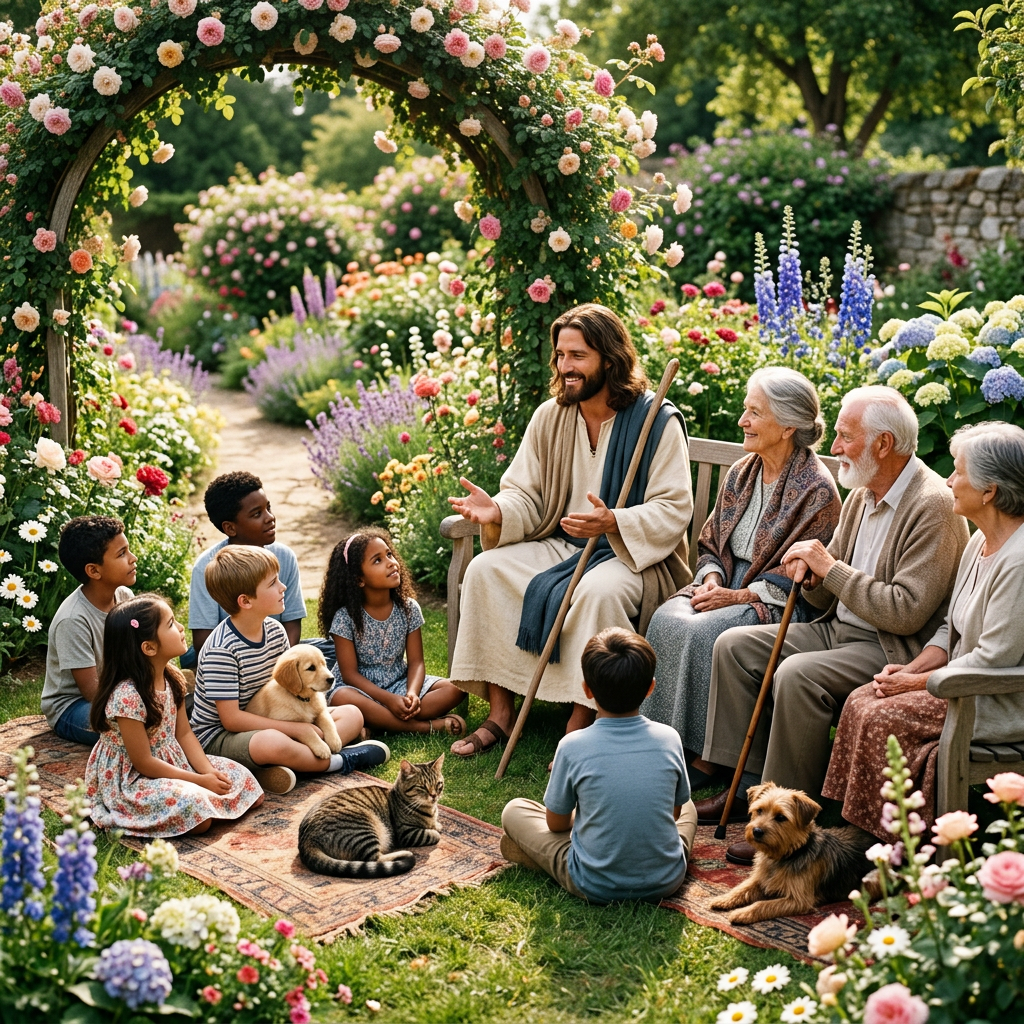 Man in robe telling a story to children and elderly people in a colorful flower garden
