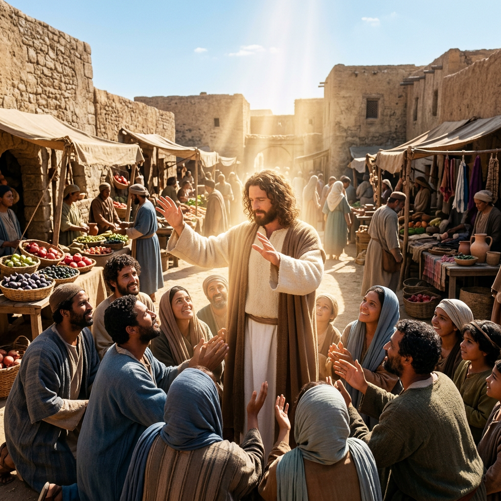 A man in robes speaking to a group of people in a marketplace with sunbeams shining down