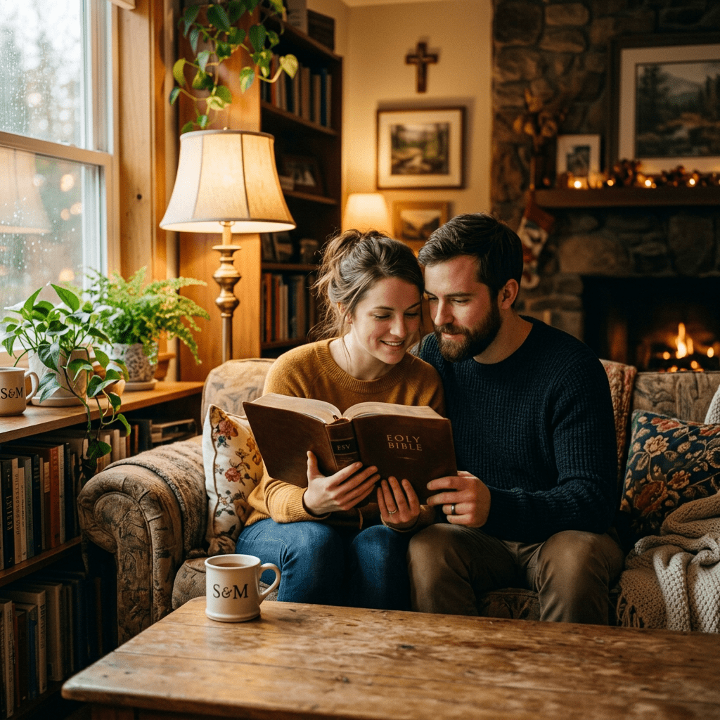 Couple sitting on couch reading the EOLY Bible together in a cozy living room