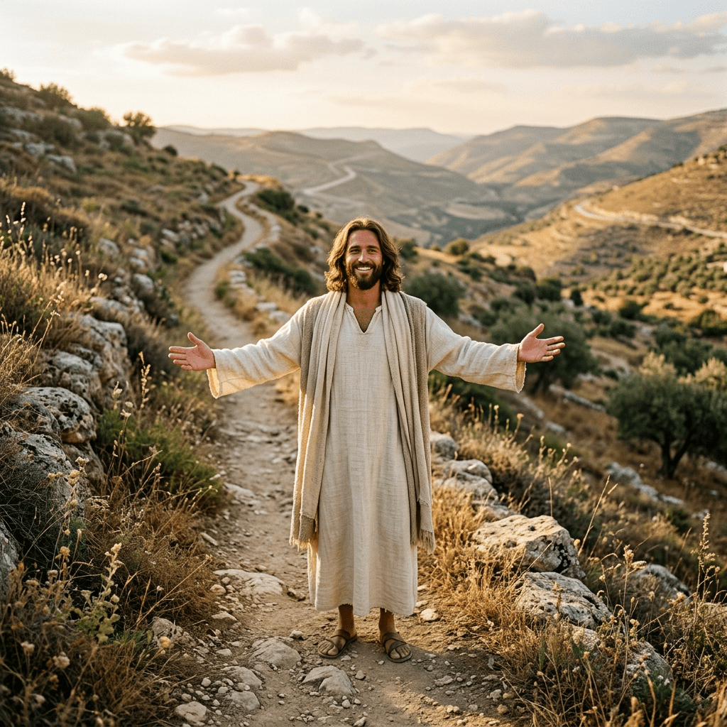 Man in light-colored robe with open arms standing on a rocky mountain path