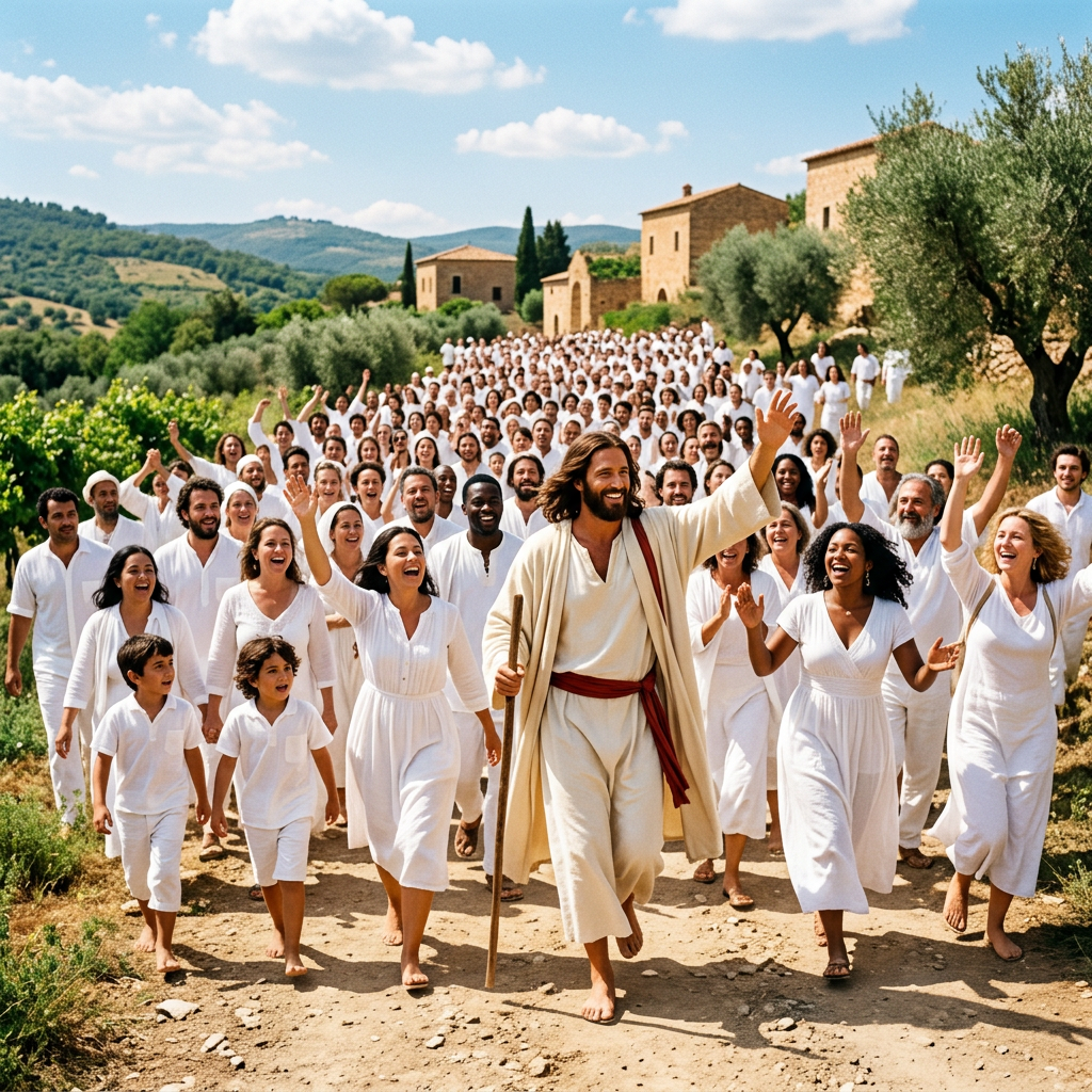 Large group of people dressed in white walking on a sunny path with a man carrying a staff leading them