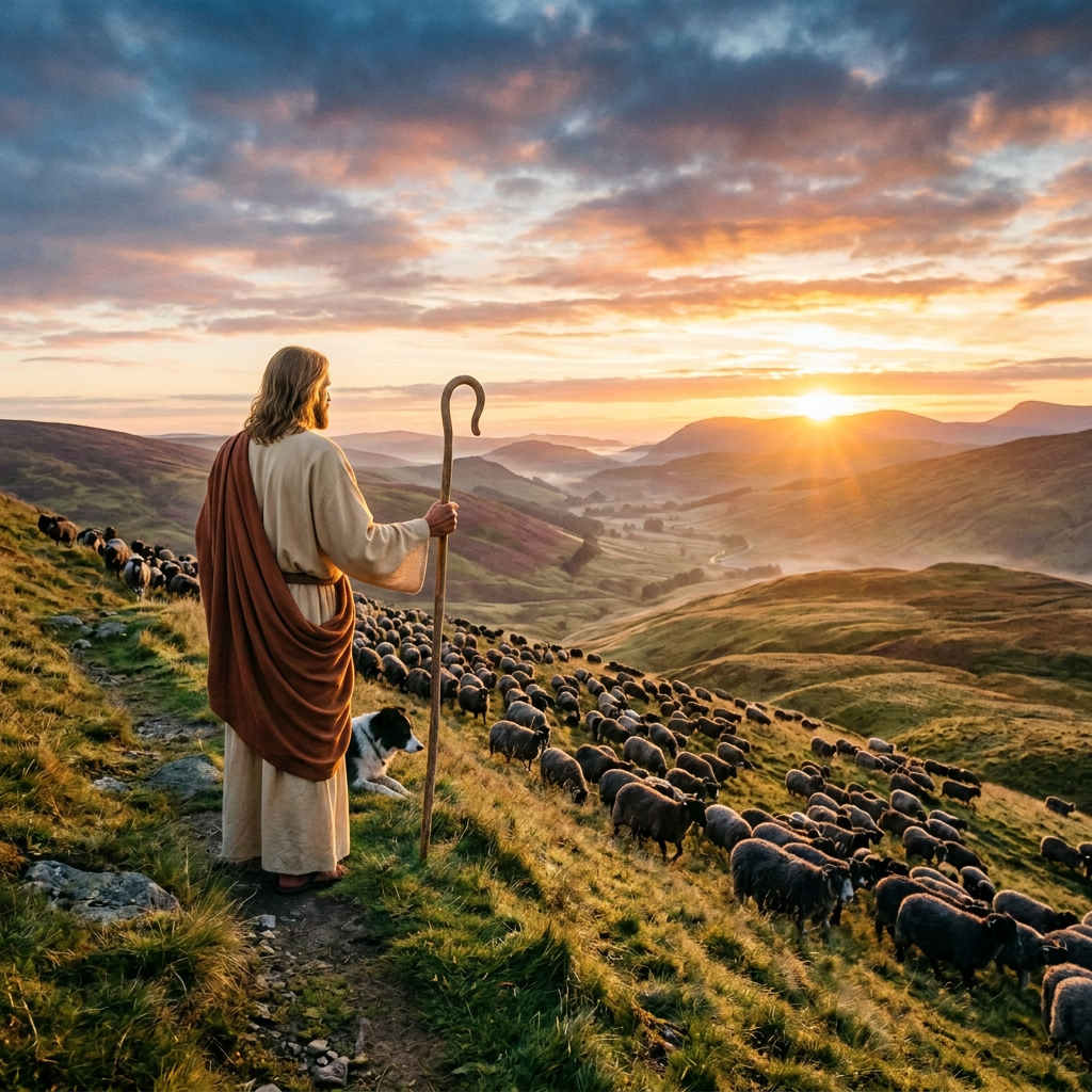 Shepherd with a dog herding a flock of sheep on a grassy hillside at sunrise