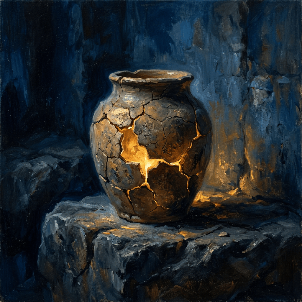 Cracked clay vessel glowing on weathered stone