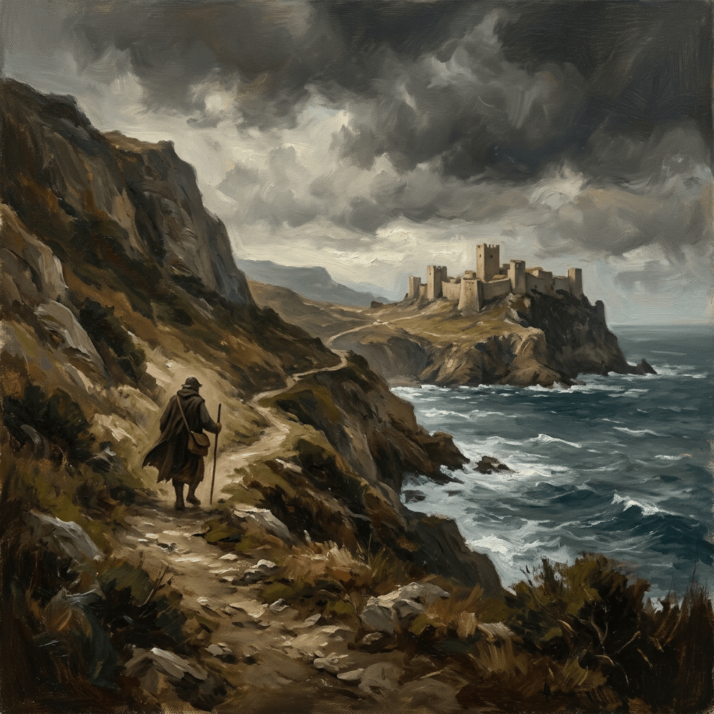 Lone traveler walking coastal path toward castle under storm clouds
