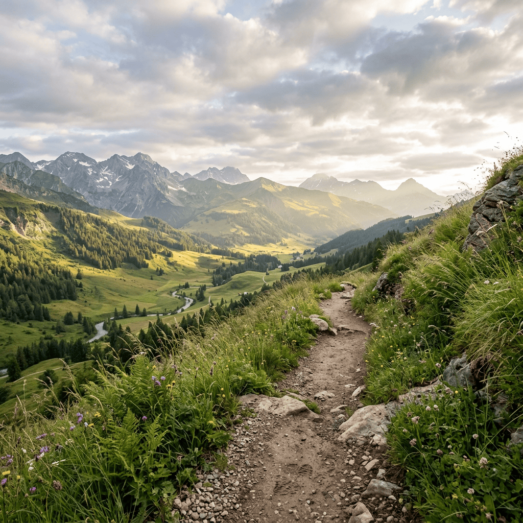 Rocky alpine trail overlooking a green valley and snow-dusted mountains
