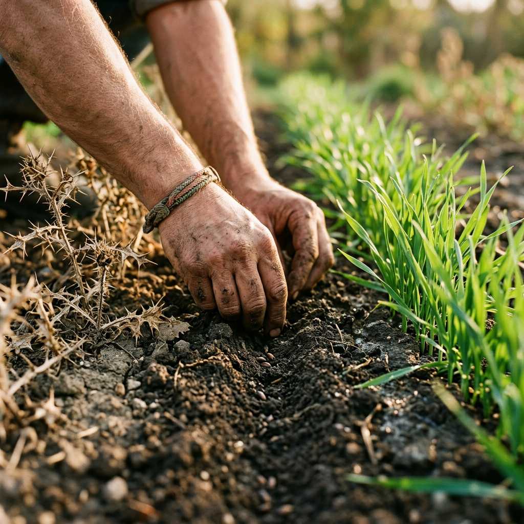 Hands removing thorny weeds from soil beside young green plants