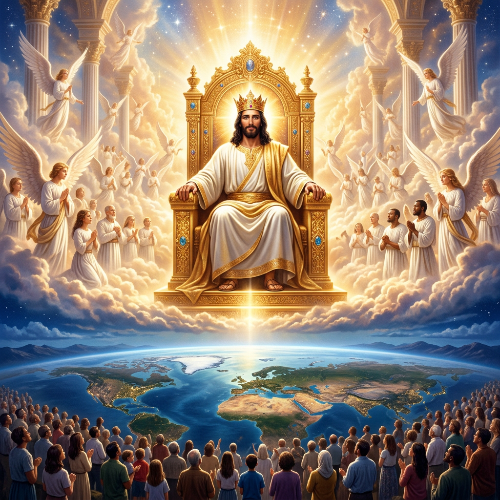 Christ enthroned among angels above a world map and gathered worshippers