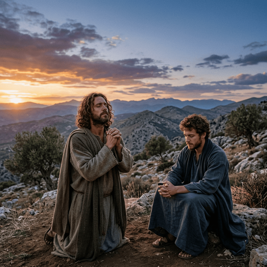 Two robed men praying on rocky mountain terrain at sunset