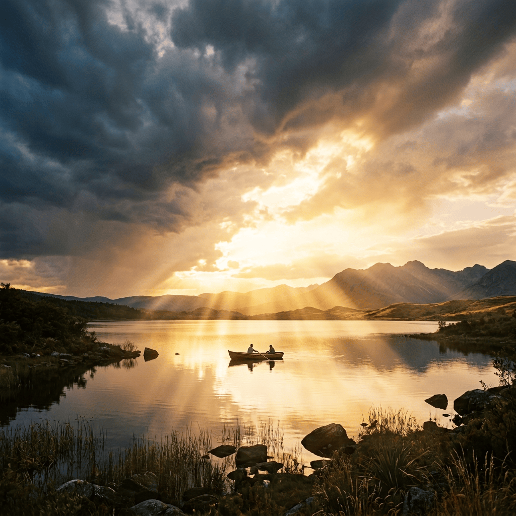 Mountain lake reflecting golden sunset beneath dramatic storm clouds