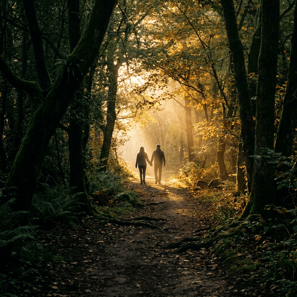 Sunlit dirt path winding through a mossy autumn forest