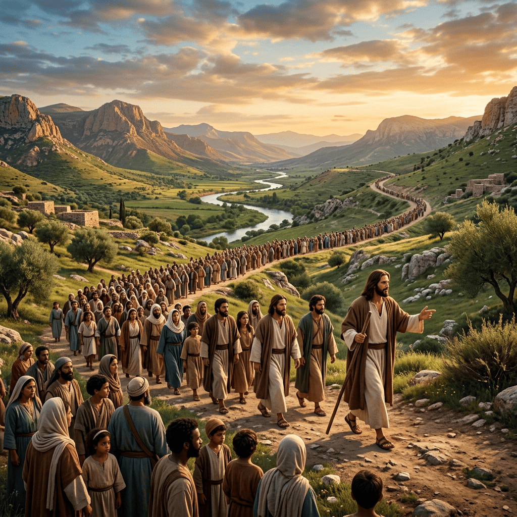 A robed man leads a large crowd through a mountain valley