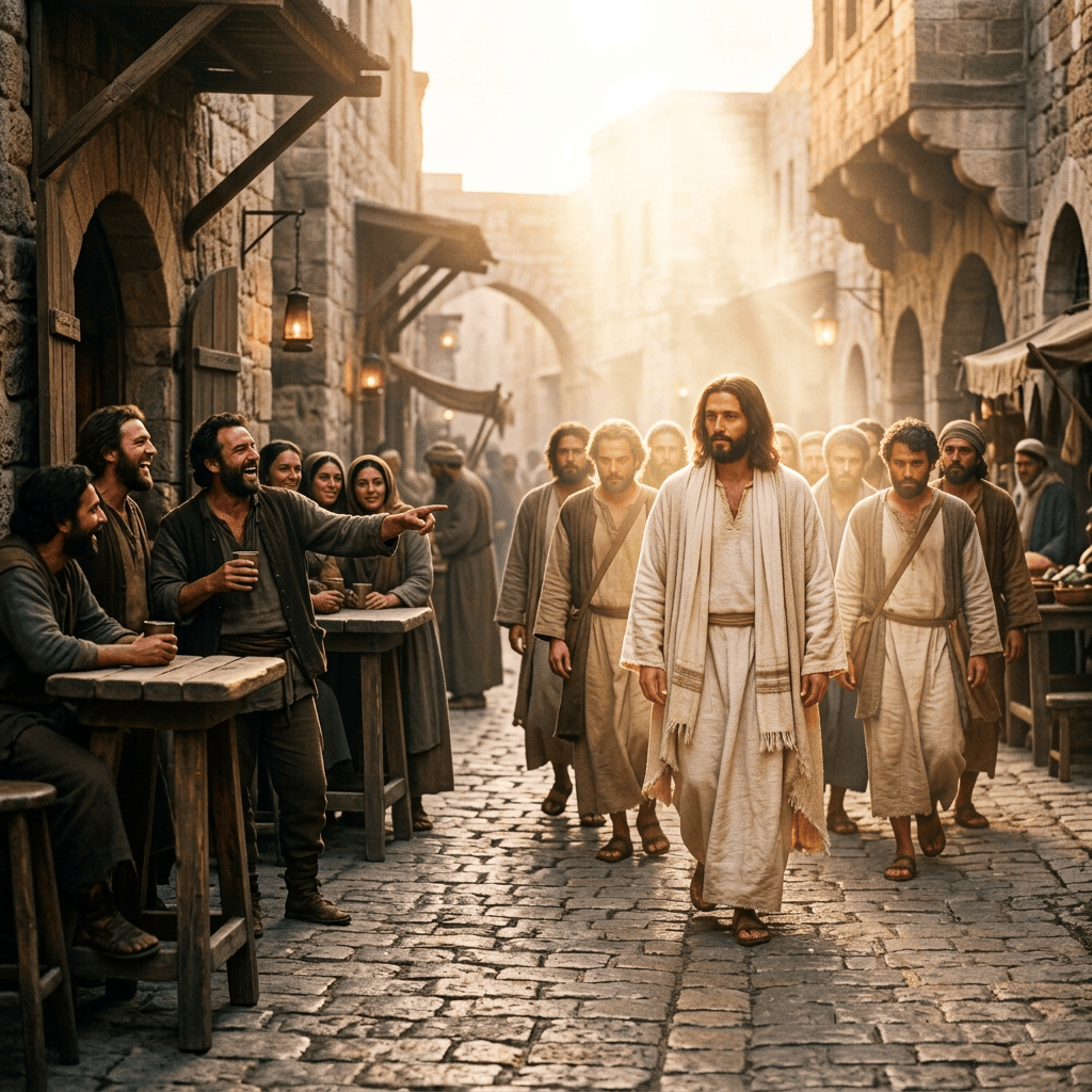 Jesus and disciples walking through an ancient stone marketplace